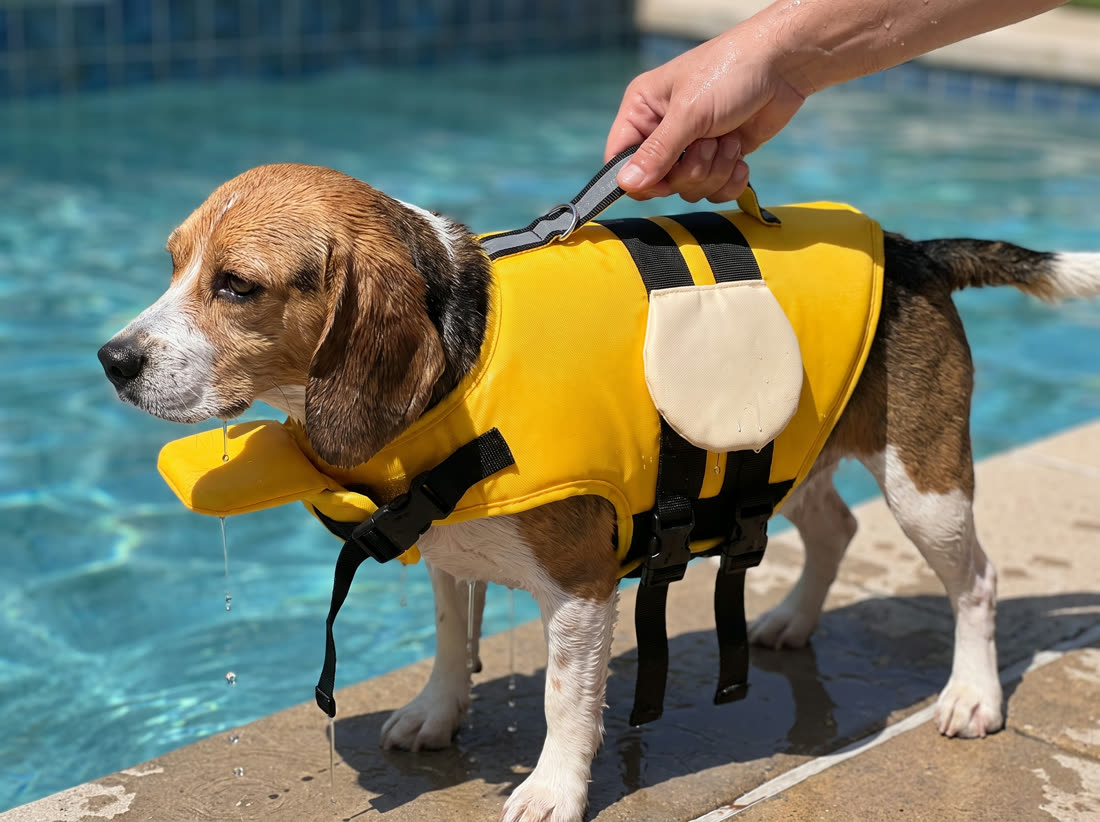 Lifting a dog out of the pool by the rescue handle