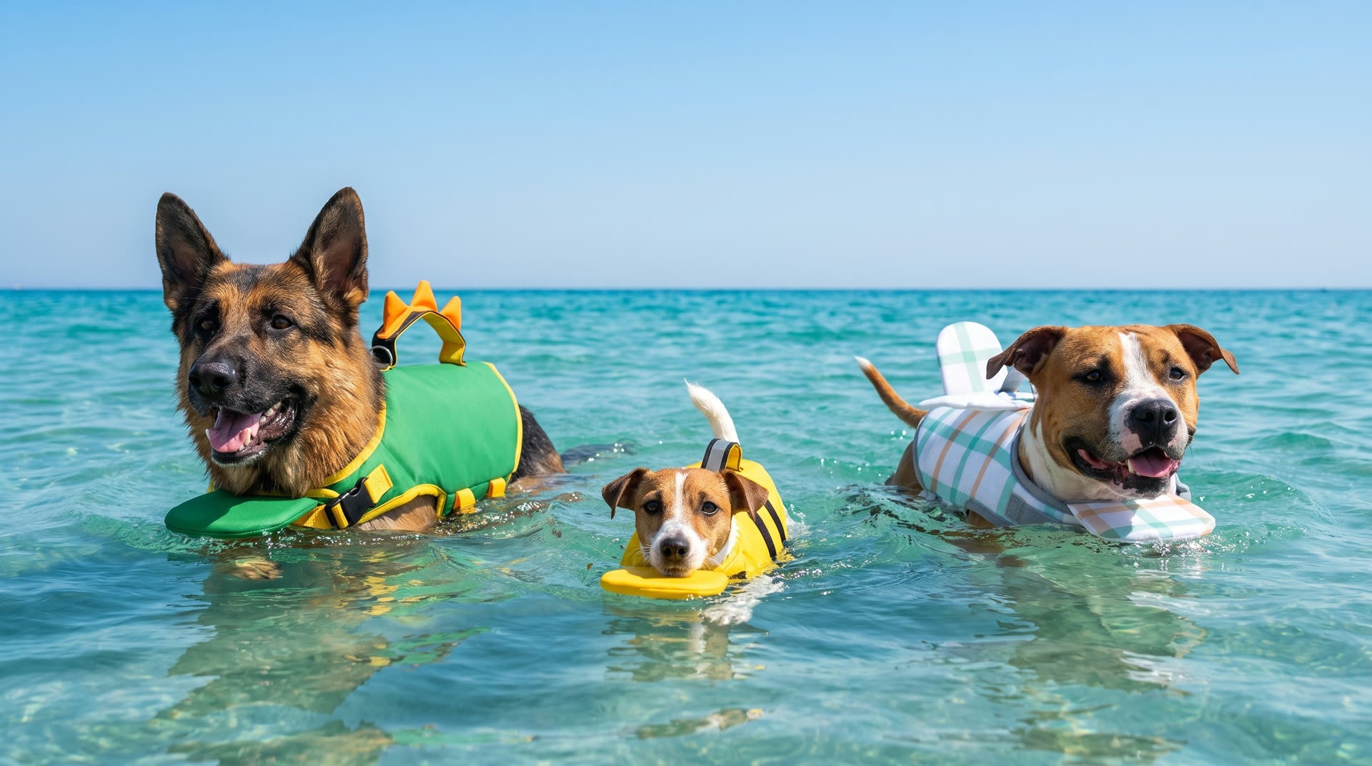 Three dogs swimming in the sea with Woofgang life jackets